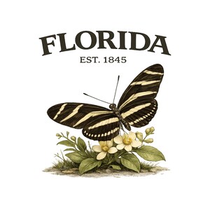 May include: A detailed illustration of a zebra longwing butterfly with black and white striped wings, perched on a cluster of white flowers and green leaves. The word "FLORIDA" is arched above the butterfly, with "EST. 1845" below.