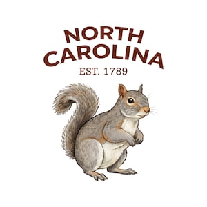 May include: A detailed illustration of a gray squirrel with a bushy tail, standing upright. Above the squirrel, the words "NORTH CAROLINA" are displayed in a brown, bold font, with "EST. 1789" below. The design is set against a white background.