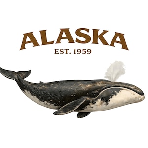 May include: A detailed illustration of a whale with a dark gray body and white markings. The whale is spouting water from its blowhole. Above the whale, the word "ALASKA" is written in brown, with "EST. 1959" below it.