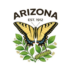 May include: A graphic featuring a yellow and black butterfly with blue accents, surrounded by green leaves and a caterpillar. The word "ARIZONA" is arched above, with "EST. 1912" below, all on a white background.