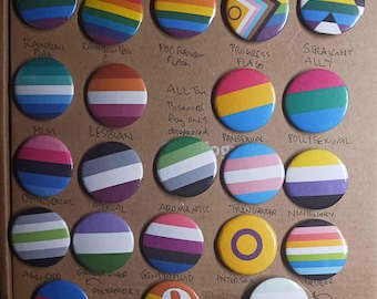 Puede incluir: Una colección de 20 botones redondos con diferentes banderas de orgullo y etiquetas. Las banderas son coloridas y representan diferentes orientaciones sexuales e identidades de género. Las etiquetas incluyen "Bandera del arcoíris", "Bandera del arcoíris POC", "Bandera del progreso", "Aliado heterosexual", "MLM", "Lesbiana", "Todas las banderas bisexuales", "Pansexual", "Polisexual", "Omnisexual", "Asexual", "Aromántico", "Transgénero", "No binario", "Agénero", "Genderqueer", "Genderfluid", "Pregunta intersexual", "Queer" y "Sin etiqueta".