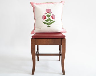 Pink Poppy Floral Botanical Blockprint Pillow