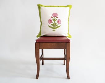Green Poppy Floral Botanical Blockprint Pillow