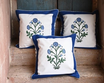 Cobalt Floral Botanical Study Blockprint Pillow