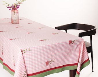 Dahlia Gingham Floral Botanical Blockprint Tablecloth
