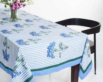 Blue Hydrangea Floral Botanical Blockprint Tablecloth