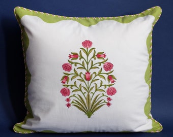 Green Scallop Flora Blockprint Pillow