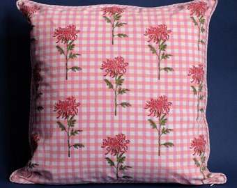 Dahlia Gingham Floral Botanical Blockprint Pillow