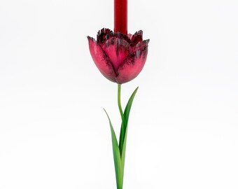 Handmade Stamped Metal and Resin Pink Tulip Candleholder 10"
