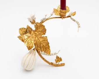 Gold Handmade Metal Fall Harvest Gourd Candleholder