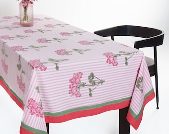 Pink Hydrangea Floral Botanical Blockprint Tablecloth