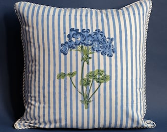 Blue Hydrangea Block Print Pillow Covers, Designer Pillow Cover, Hand Blocked Cushion Cover, Decorative Pillow Color