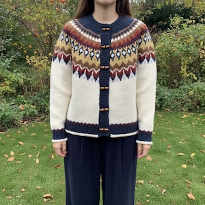 Fair Isle Jacquard Knitted Cardigan: Soft Wool Cottage Style Button Up Jacket