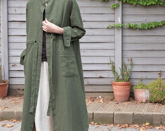 Linen Parka Style Jacket: Boho Button Up Coat with Pockets and Waist Tie