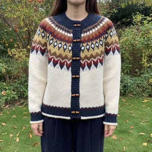 以下が含まれることがあります： ネイビーブルーの襟とトリムが付いたクリーム色のカーディガン。セーターは、茶色、金、白の色合いの幾何学模様が特徴です。前面には木製のトグル留めが付いています。カーディガンは、厚手のテクスチャードニットで作られています。