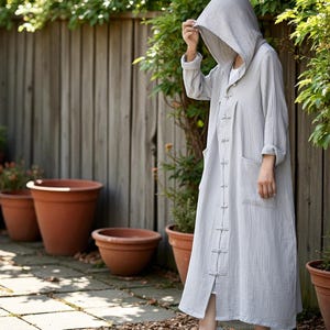 Hooded Linen Cotton Jacket: Long Autumn Winter Robe Coat with Pockets