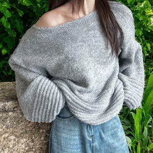 Knitted Off Shoulder Lantern Sleeve Oversized Sweater - Knitted Sweater, Wool Sweater, Boho Sweater, Oversized Sweater, Y2k Sweater