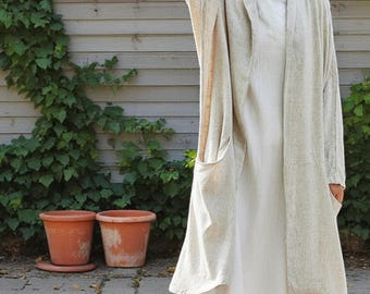 Veste peignoir en lin mélangé : cardigan bohème en coton ramie à superposer en automne-hiver
