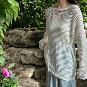 Knitted Cotton Hollow Summer Sweater, Mesh Crochet Sweater, Crochet Top, Oversized Summer Sweater, Crochet Beach Cover Up, Waist Tie Top
