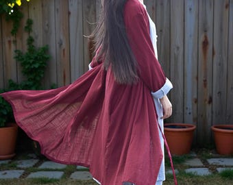 Linen Cotton Kimono Robe – Cottage Boho Jacket for Autumn Winter Layering