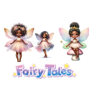 Puede incluir: Tres ilustraciones de hadas con alas iridiscentes y vestidos rosas. Las hadas tienen piel oscura y cabello casta&ntilde;o. El texto "Fairy Tales" est&aacute; escrito en una fuente colorida debajo de las hadas.