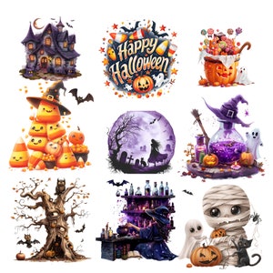 May include: A collection of Halloween-themed illustrations. The images include a haunted house, a pumpkin with candy, a witch's potion, a mummy, and a tree with eyes. The color palette is dominated by orange, purple, and black.