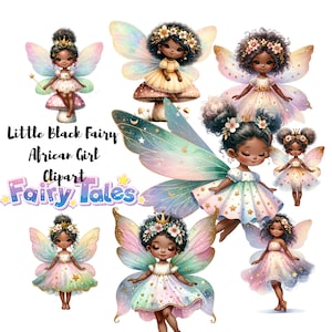 Pequeña hada negra niña africana clipart, hada afroamericana, ilustraciones de hadas africanas, imágenes prediseñadas de hadas negras, 13 PNG hada negra