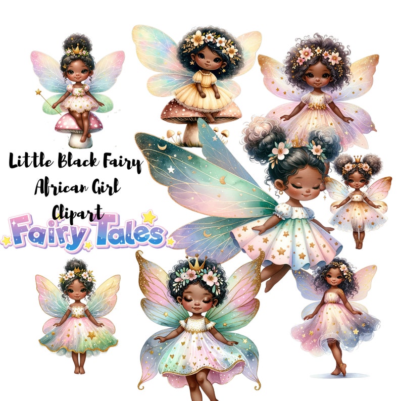Puede incluir: Un conjunto de siete ilustraciones digitales de hadas negras con alas iridiscentes y vestidos coloridos. Las hadas tienen piel oscura, ojos marrones y cabello rizado. El texto "Little Black Fairy African Girl Clipart Fairy Tales" est&aacute; en la parte inferior de la imagen.