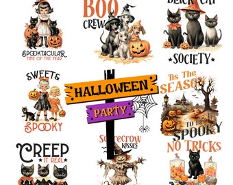 以下が含まれることがあります： ハロウィーンをテーマにしたイラストのコレクション。画像には、黒猫、カボチャ、子供、犬、かかしなど、さまざまな要素が描かれています。「Halloween Party」、「Spooktacular」、「Just Treats」などのテキストが含まれています。