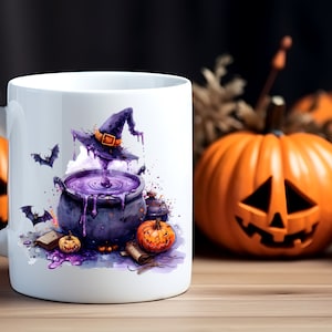 May include: White ceramic mug featuring a Halloween-themed watercolor design. The design includes a witch's hat, cauldron with purple liquid, bats, and pumpkins. The mug is perfect for enjoying hot beverages during the spooky season.