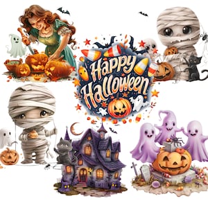 May include: A collection of Halloween-themed illustrations. Includes a woman carving pumpkins, a mummy, ghosts, a haunted house, a black cat, and a pumpkin with the text "Happy Halloween".