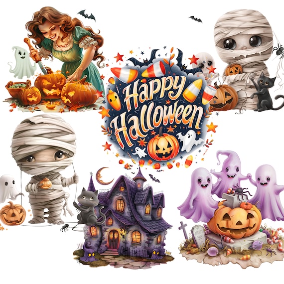 Cute Halloween Set Clipart, Ghost Clipart Bundle, Ghost Sublimation, Ghost Illustration, Vintage Halloween Clipart, Scary Halloween Png Vibe