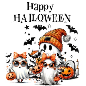 Cute Funny Spooky Ghost Png, Halloween coffee png, 10+ Retro Halloween, Watercolor Halloween Ghost Clipart Bundle, Pumpkin Clipart Coffee
