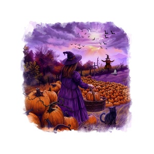 May include: A digital illustration depicts a Halloween scene. A person in a purple dress and witch hat carries a basket of pumpkins in a pumpkin patch. A scarecrow, ghost, and black cat are also present. The sky is purple with bats.