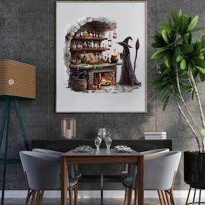 May include: A framed print depicts a witch's workshop with shelves of potions, a fireplace, and a black cat. A witch in a black hat and gown stirs a cauldron. A broom leans against the wall. The artwork is displayed above a dining table with chairs.