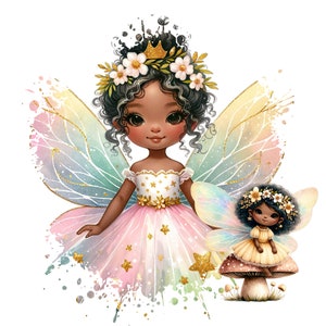 Puede incluir: Una ilustraci&oacute;n caprichosa de una hada negra con alas iridiscentes, un vestido rosa y dorado y una corona dorada. Est&aacute; sosteniendo a una peque&ntilde;a hada amarilla con alas iridiscentes, que est&aacute; sentada en un hongo.