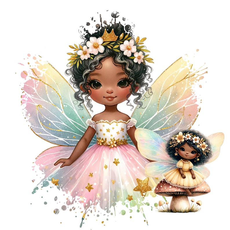 Puede incluir: Una ilustraci&oacute;n caprichosa de una hada negra con alas iridiscentes, un vestido rosa y dorado y una corona dorada. Est&aacute; sosteniendo a una peque&ntilde;a hada amarilla con alas iridiscentes, que est&aacute; sentada en un hongo.