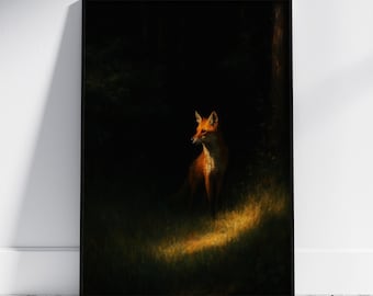 Fox Forest Wall Art, Moody Woodland Animal Print, Nature Inspired Home Decor