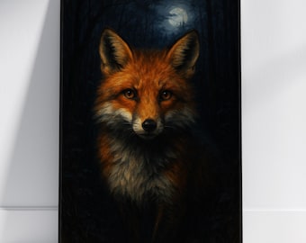 Fox Portrait Wall Art, Dark Woodland Animal Illustration, Mystical Forest Decor Print
