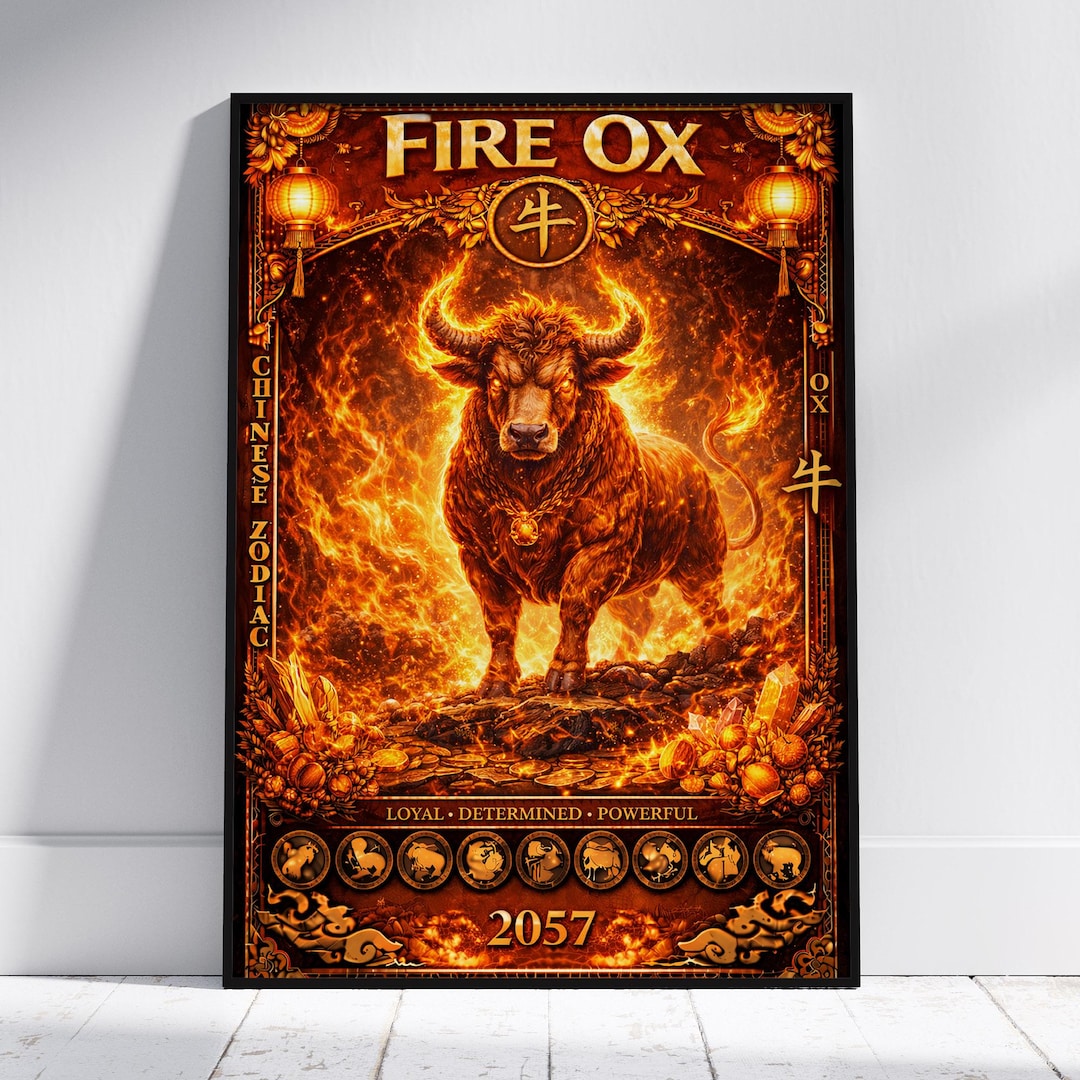 Ox Fire Rune Fire Ox Wall Art, Chinese Zodiac Ox Print, Eastern Astrology Poster ...