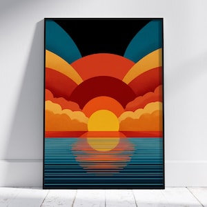 Puede incluir: Una impresión artística enmarcada que representa una puesta de sol estilizada sobre el agua. La obra de arte utiliza una paleta de naranja, rojo, amarillo y azul para representar el sol, las nubes y el agua. La imagen tiene un estilo retro y geométrico.