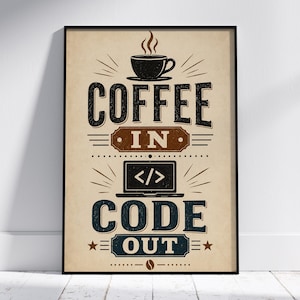 May include: A framed vertical poster with a beige background featuring a black coffee cup icon at the top. The text reads COFFEE IN, followed by a laptop icon with code brackets, then the text CODE OUT, all in a dark, distressed typography.
