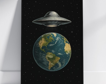 Ilustración espacial OVNI, arte de nave extraterrestre, escena de abducción terrestre, decoración de pared de ciencia ficción retro