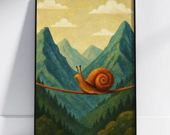 Whimsical Snail Mountain Art Print Fantasy Nature Illustration Cozy Nursery Wall Decor Kids Room