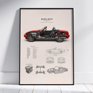 May include: A framed print featuring a red Mazda Miata NA (1990-1997) roadster with cutaway details, technical drawings, and specifications. The print includes a black frame and is displayed against a neutral background.