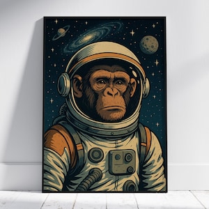 Art de singe astronaute, impression d'animaux de l'espace, décoration murale de science-fiction rétro
