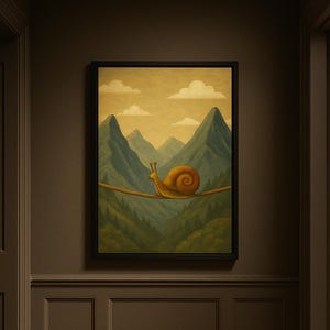Snail on Tightrope Art Print: Whimsical Mountain Landscape (Digital Download)