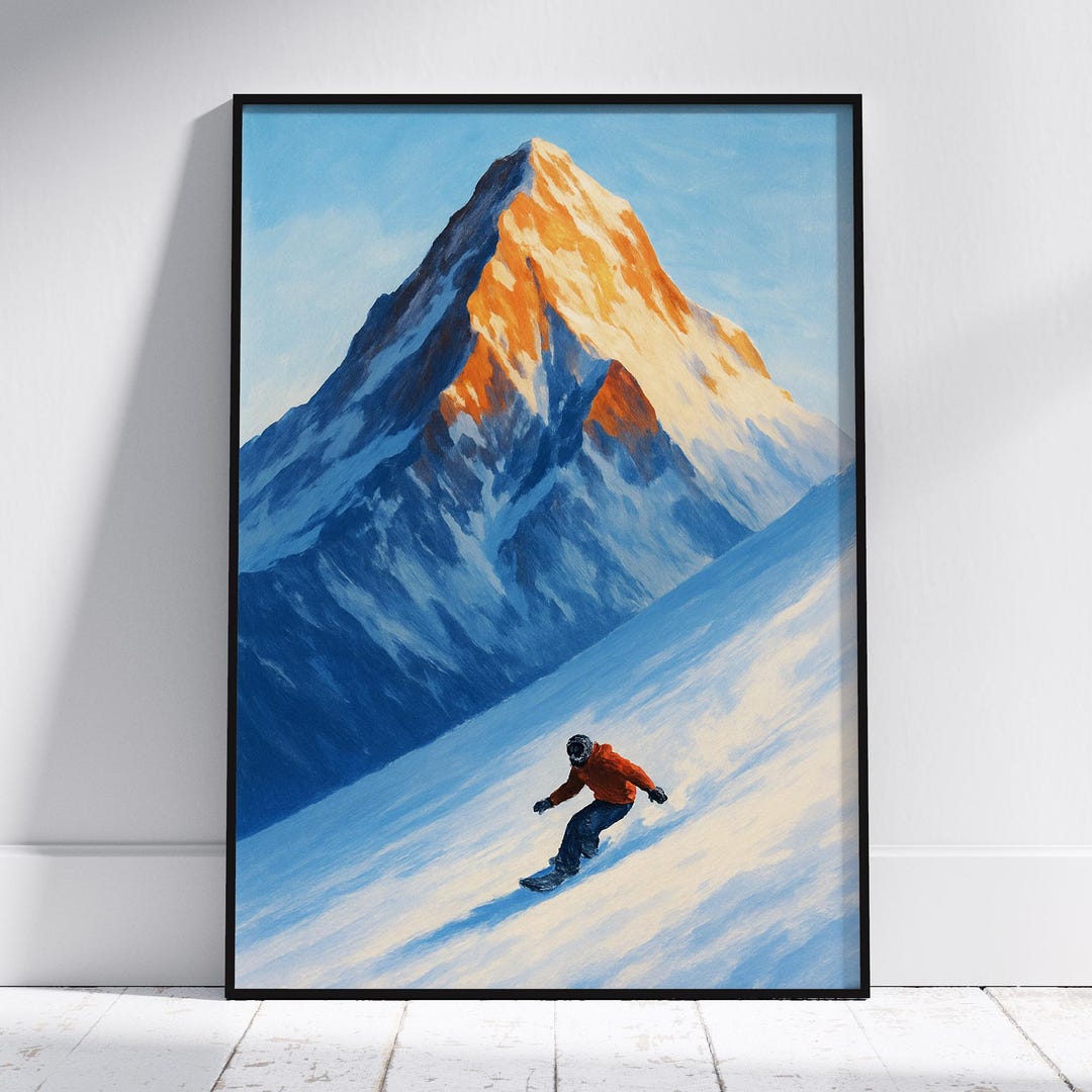 Snowboarder Mountain Wall Art, Winter Sports Landscape Digital