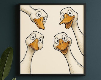 Funny Goose Expressions Illustration, Quirky Farm Bird Art, Playful Animal Wall Print Nursery Decor