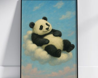 Panda On Cloud Art, Cute Animal Print, Whimsical Nursery Wall Decor